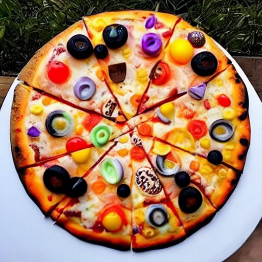 Prompt: a 🍕 🍭🍑🍬🍟🥥🍫🍄🧁🍩 ( ( mega - pizza ) ) made of 🍦🍡🍰🍇🍯🍮🍹🧁