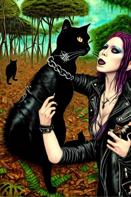 Image similar to punk rock girls kissing and making selfie with black cats in jungle , 1980 style, mad max jacket, post apocalyptic, Cyberpunk, renaissance, Gothic, mystic, highly detailed, digital painting, 4k, fog, oil painting by Leonardo Da Vinci, hyper realistic style, fantasy by Olga Fedorova