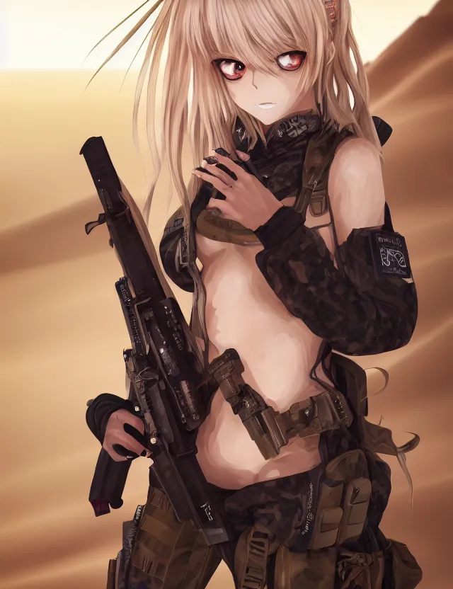 Image similar to an anime portrait of a blonde vampire girl in desert camo tactical gear, trending on artstation, digital art, 4 k resolution, detailed, high quality, sharp focus, hq artwork, coherent, insane detail