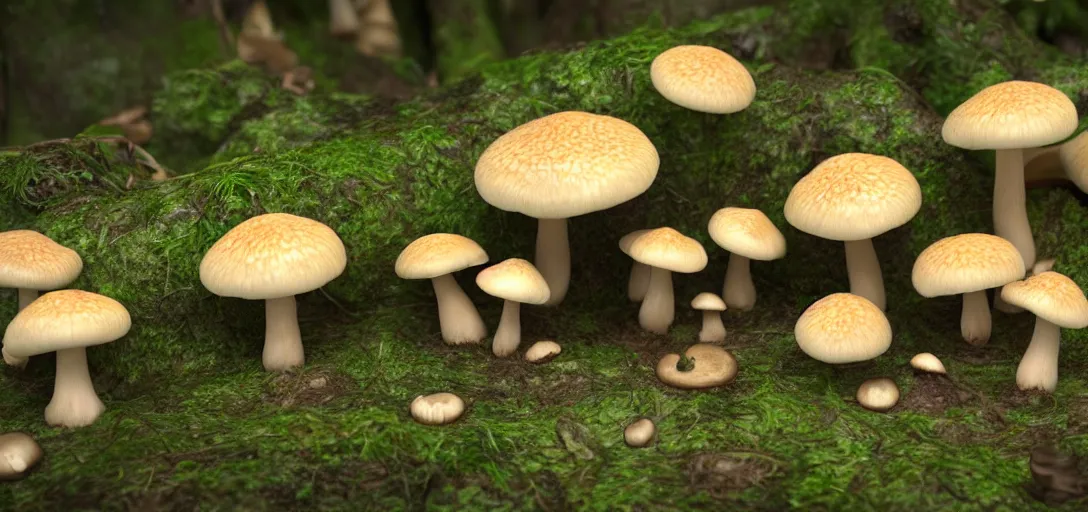 Image similar to 3 d study of a bunch of mushrooms in the forest, photorealistic, detailed, octane