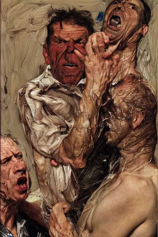 Image similar to portrait of one enraged man, part by Jenny Saville, part by Lucian Freud, part by Norman Rockwell