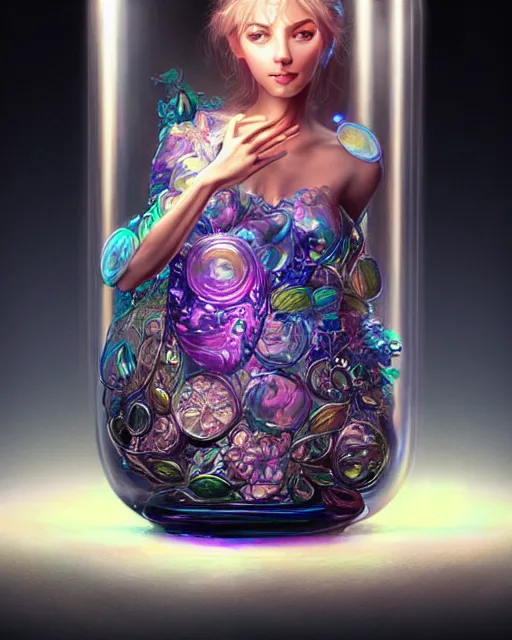 Image similar to a cute woman inside an ornate bottle of iridescent liquid, alchemy, intricate, bloom, detailed, volumetric lighting, sharp focus, photorealism, digital painting, highly detailed, concept art, by by artgerm and wlop