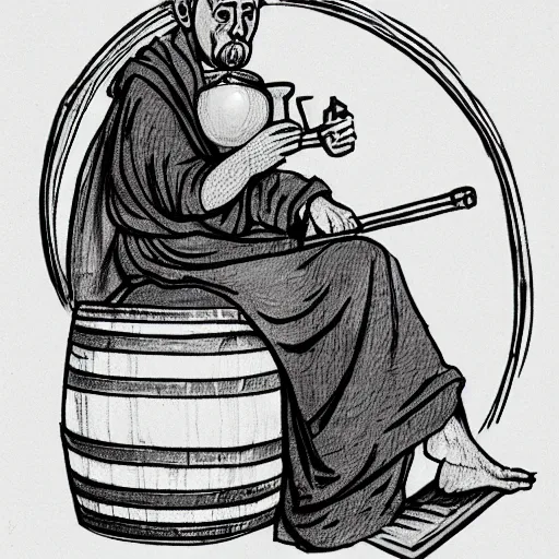 Prompt: pencil sketch of a monk drinking wine next to a barrel, pondering, medieval style