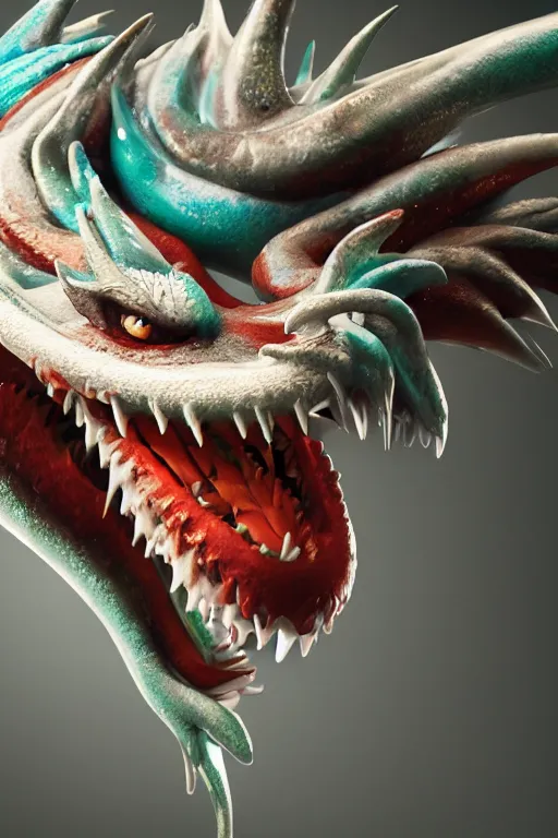 Image similar to swirling liquids mixing together, playful, happy, cheeky asian dragon's head close up, detailed, dramatic light, octane render, realistic