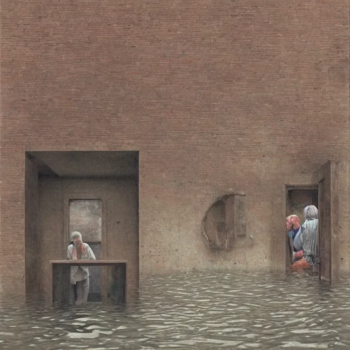 Prompt: fisheye lens, people inside water flooded museum, looking through the window, highly detailed, artstation, art by zdislav beksinski and wayne barlowe