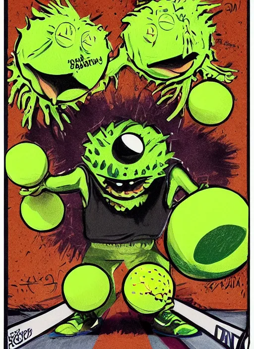 Image similar to tennis ball monsters playing tennis, a tennis ball monster ,tennis ball, funny, digital art, fantasy, magic, trending on artstation, ultra detailed, professional illustration,chalk, poster artwork by Basil Gogos , clean