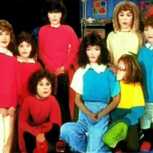 Image similar to still from 1983 live-action children's tv show about a girl who enters an eyeball cult color