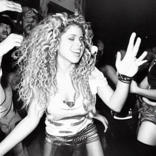 Image similar to Shakira dancing the cookie monster dance, in a nightclub, 1990 photograph