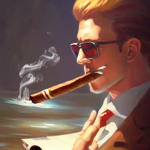 Image similar to a painting of smoking a cuban cigar while a fedora sitting in a secret underwater base by Krenz Cushart, high detail, concept art, artstation, 8k