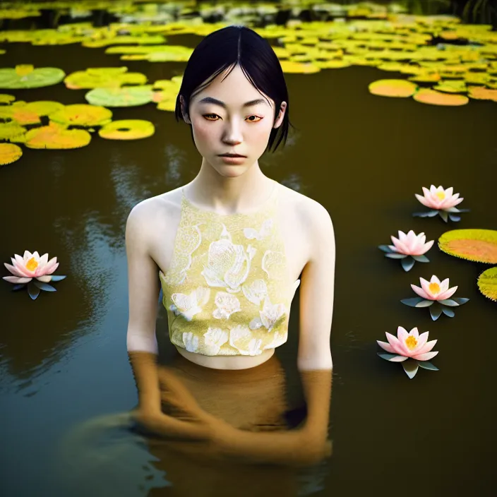 Prompt: Kodak Portra 400, 8K, soft light, volumetric lighting, highly detailed, britt marling style 3/4 ,portrait photo of a beautiful Japanese teen with luxurious crop-top, the face emerges from the golden water of a pond with lotus flowers, inspired by Ophelia paint , a beautiful lace dress and hair are intricate with highly detailed realistic beautiful flowers , Realistic, Refined, Highly Detailed, natural outdoor soft pastel lighting colors scheme, outdoor fine art photography, Hyper realistic, photo realistic