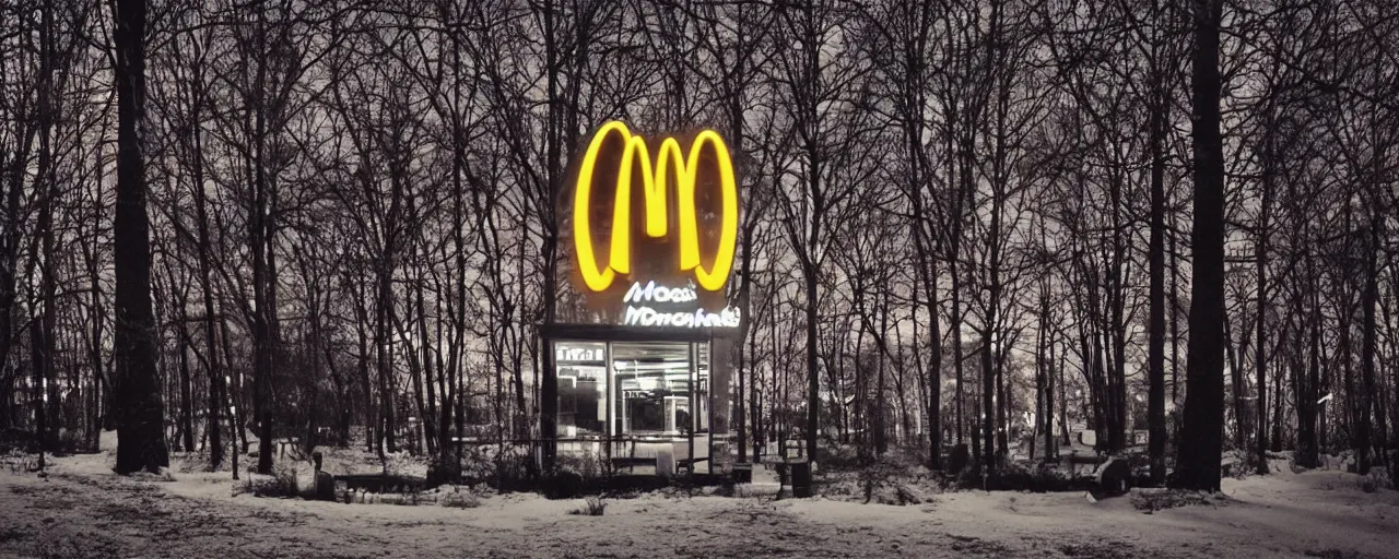 Prompt: shaky overexposed iphone flash photo of mcdonalds in a night forest ethereal photorealistic glowing sign creepy giant creature silhouette