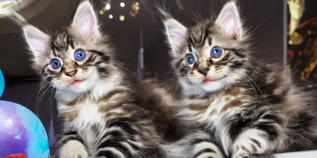 Image similar to a 3 d rendered movie still maine coon kitten descendant 1 million in the future. kitten wears a spacesuit, and explores cosmos in a space ship with a cat tree. science fiction blockbuster movie kittens rule the world or what's on tv? kittens!, dramatic lighting, imax 7 0 mm. buzz lightyear
