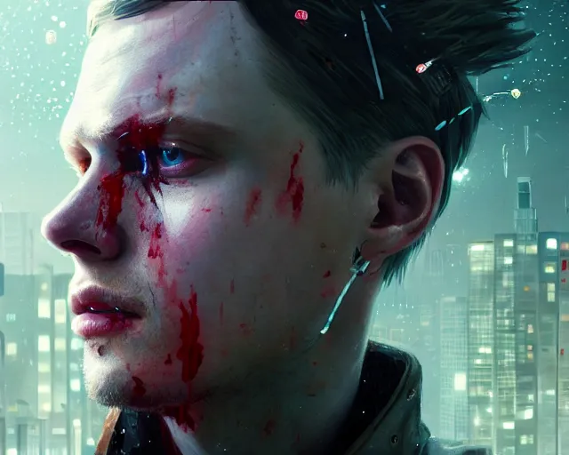 Image similar to highly detailed portrait of michael pitt as an android covered in blood, in detroit : become human, stephen bliss, unreal engine, fantasy art by greg rutkowski, loish, rhads, ferdinand knab, makoto shinkai and lois van baarle, ilya kuvshinov, rossdraws, tom bagshaw, global illumination, radiant light, detailed and intricate environment