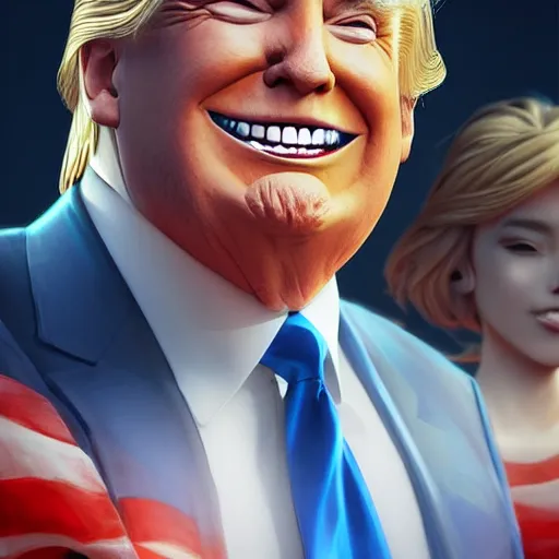 Image similar to donald trump, charming smile, illustration, by artgerm lau, & jeehyung lee & wlop, hyperdetailed, 8 k realistic, symmetrical, frostbite 3 engine, cryengine, dof, trending on artstation, trending on deviantart