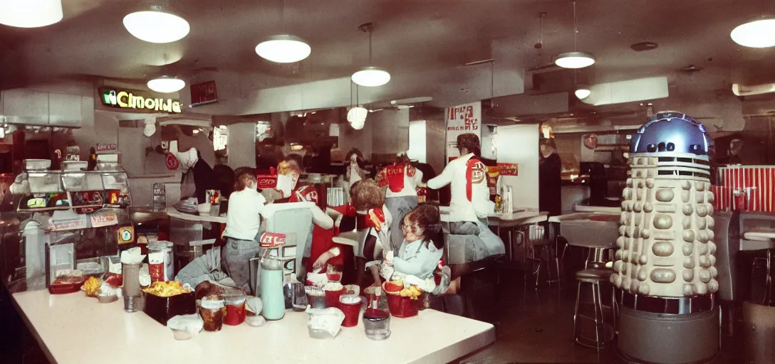 Image similar to daleks inside a vintage McDonalds working at the counter, hamburgers and soda, happy family, kodak Ektachrome 10, 35mm