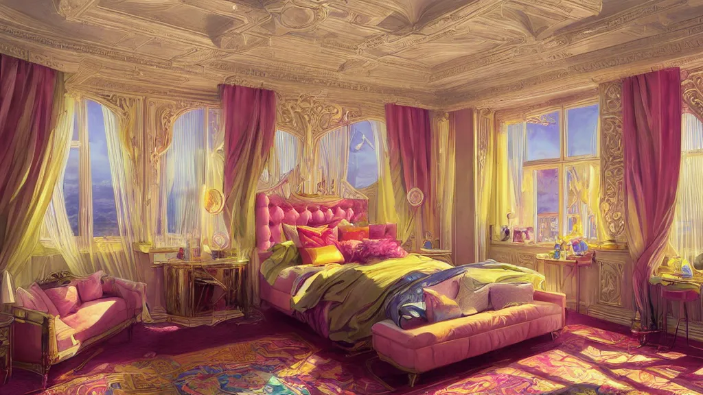 Prompt: art deco bedroom, ultra detail, photoreal, bright colors, professionally retouched, wide angle, 8 k high definition, insanely detailed, intricate, elegant, art by artgerm and wlop