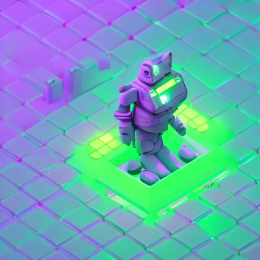 Image similar to Isometric View, Kitty Bot, 3D character, very colourful, cinematic lighting, soft neon, octane render, trending on Artstation