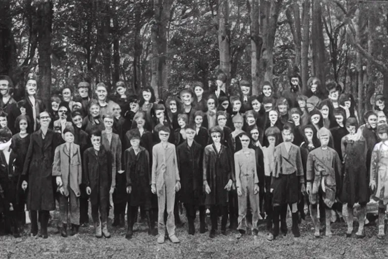 Prompt: vintage photo of slenderman together with a group of students preparing for a class photograph, eerie, bizarre, highly detailed shot, dramatic 8 k uhd