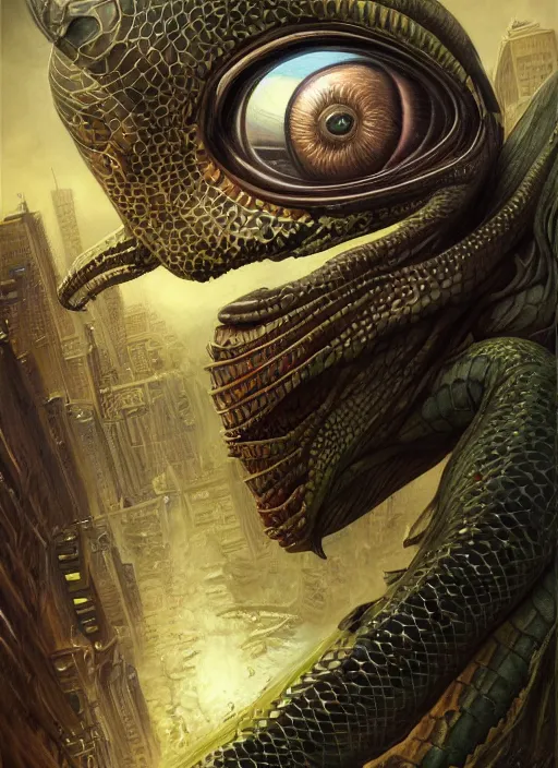 Image similar to robo - serpent downtown london mf doom reptile eyes, wild skin. intricate, elegant, highly detailed, centered, digital painting, artstation, concept art, smooth, sharp focus, illustration, artgerm, tomasz alen kopera, peter mohrbacher, donato giancola, joseph christian leyendecker, wlop, frank frazetta