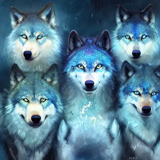 Prompt: a pack of large blue wolves running with intricate glowing symbols on their fur. fantasy art cinematic. detailed masterpiece. realistic. photo realism. cgsociety. by krenz cushart. ruan jia. jarold sng.