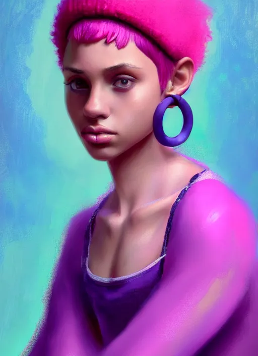 Image similar to portrait of teenage vanessa morgan with bright pink hair, vanessa morgan, curly pixie cut hair, wearing a purple breton cap, breton cap, hoop earrings, intricate, elegant, glowing lights, highly detailed, digital painting, artstation, concept art, smooth, sharp focus, illustration, art by wlop, mars ravelo and greg rutkowski