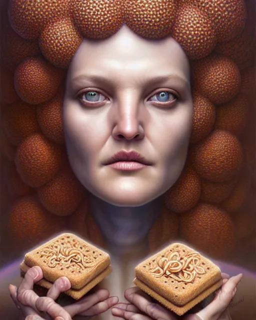 Image similar to detailed portrait of biopunk drew barrymore ( marshmallow string ) fractal ( chocolate ) ( graham cracker ) beautiful! by tomasz alen kopera and peter mohrbacher and johanna martine! and margaret keane! elegant alluring luminescent