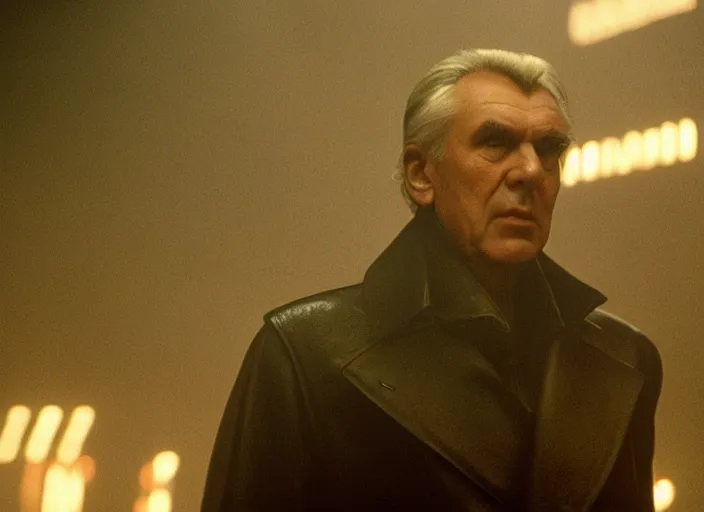 Prompt: film still milos zeman wearing leather coat as a detective in blade runner, 8 k