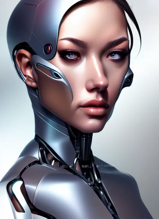 Prompt: portrait of a cyborg woman by Artgerm, face in profile +3000!, biomechanical, hyper detailled, trending on artstation