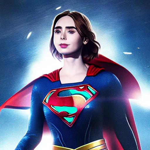 Image similar to a potrait of Lily Collins as Supergirl with man of steel suit style by Greg Rutkowski, Sung Choi, Mitchell Mohrhauser, Maciej Kuciara, Johnson Ting, Maxim Verehin, Peter Konig, 8k photorealistic, cinematic lighting, HD, high details, dramatic, trending on artstation, full body shot