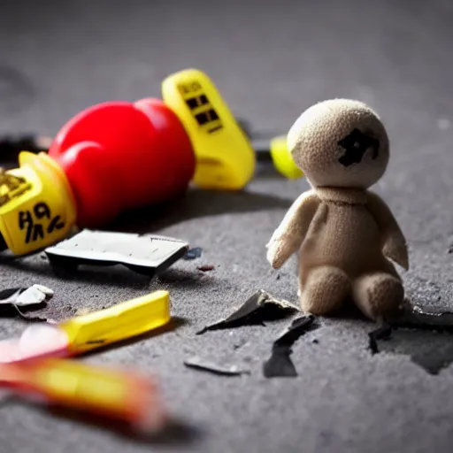 Prompt: a broken toy, crime scene, investigation, evidence, crime photos, night