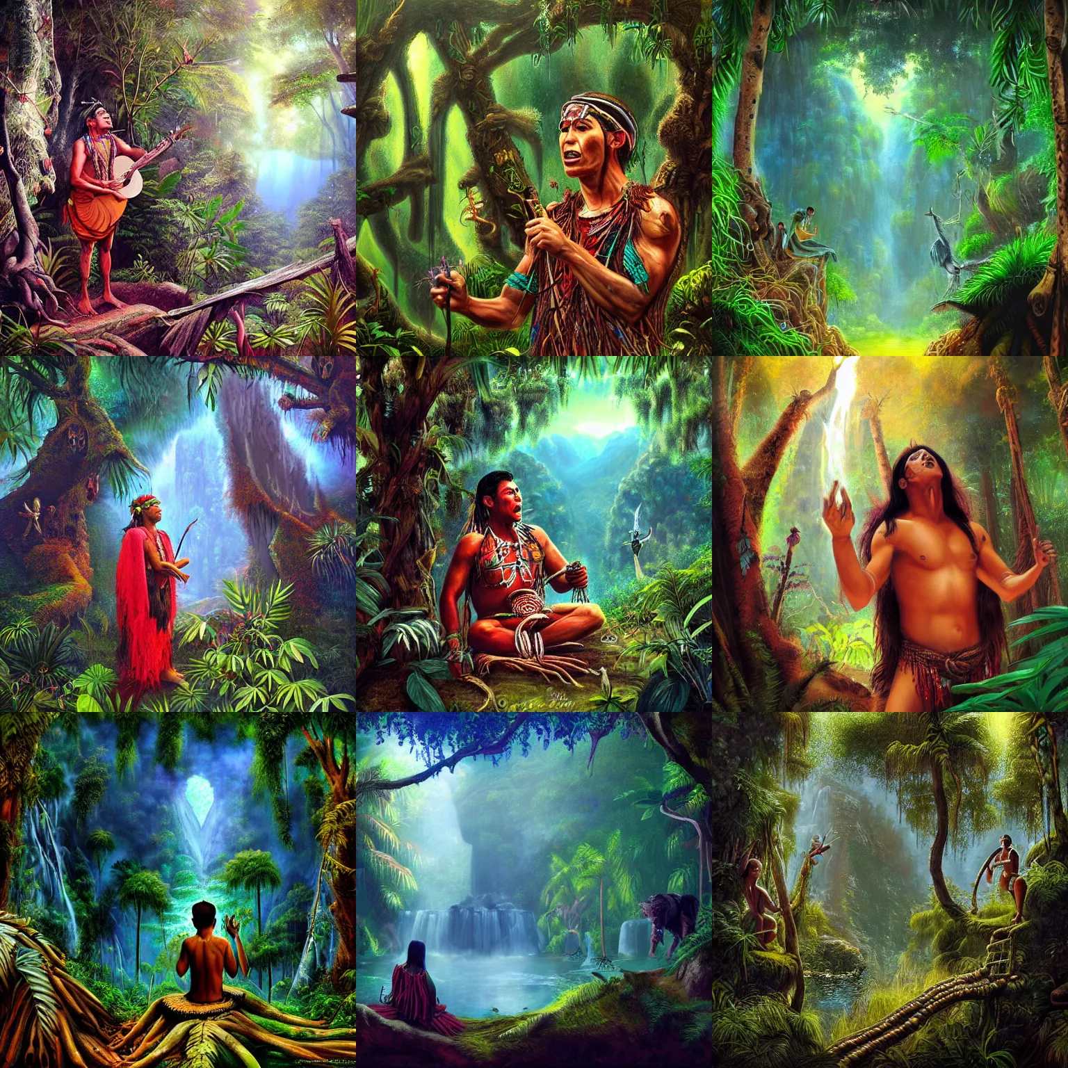 Prompt: beautiful painted by Cristiano Ronaldo shaman singing in the jungle, matte painting, fantasy art, ayahuasca