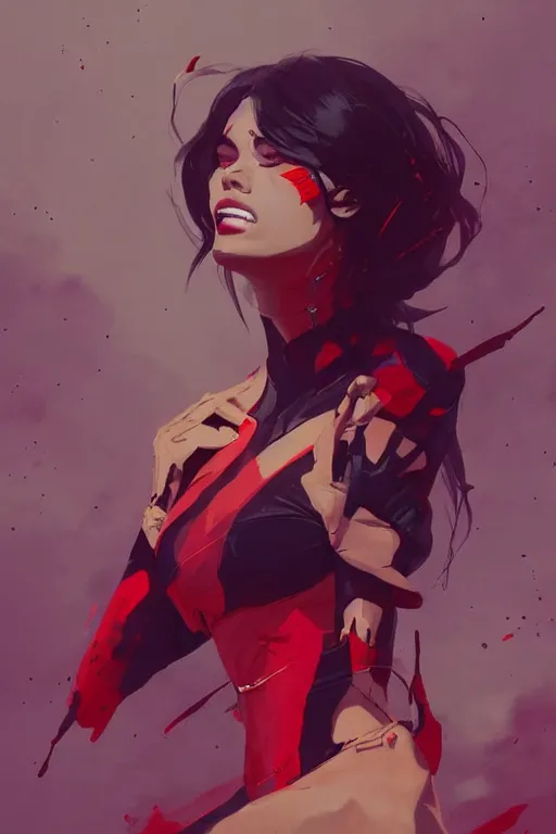 Image similar to a ultradetailed beautiful painting of a stylish female snyth, by conrad roset, red and black, greg rutkowski and makoto shinkai trending on artstation