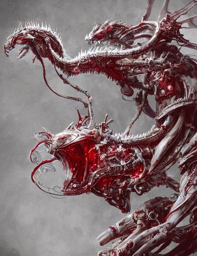 Image similar to legendary white dragon, red biomechanical details, wearing epic bionic cyborg implants, inflateble shapes, wires, tubes, red veins, jellyfish, masterpiece, intricate, biopunk, highly detailed, artstation, concept art, cottage core, cinematic focus, polaroid photo, bleached, vintage, high - key lighting, soft lights, foggy, by tarkovsky, 8 k