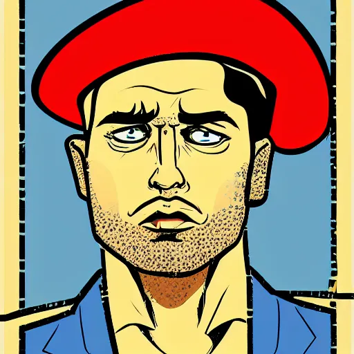 Image similar to portrait pop art comic illustration of a russian man with a fedora wrapped in bullets, profile view, bright colors, high detail, angry, sullen