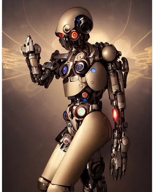 Prompt: beautiful centered fine art portrait of girl with solarpunk mecha humanoid parts with led lights, pudica pose gesture, by bouguereau, ultra - realistic and intricate, hdr 8 k