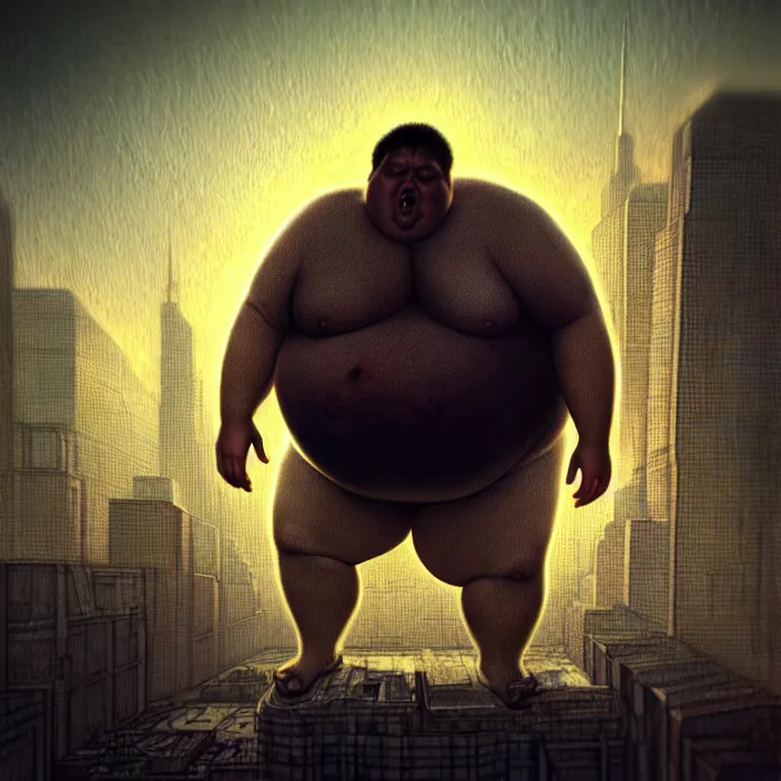 Prompt: hyperrealistic mixed media portrait of a giant moridly obese man crushing a helpless city under his feet, despair, depressing and hopeless vibe, stunning 3d render inspired art by P. Craig Russell and Barry Windsor-Smith + perfect facial symmetry + dim volumetric lighting, 8k octane beautifully detailed render, post-processing, extremely hyperdetailed, epic composition, grim yet sparkling atmosphere, cinematic lighting + masterpiece, trending on artstation