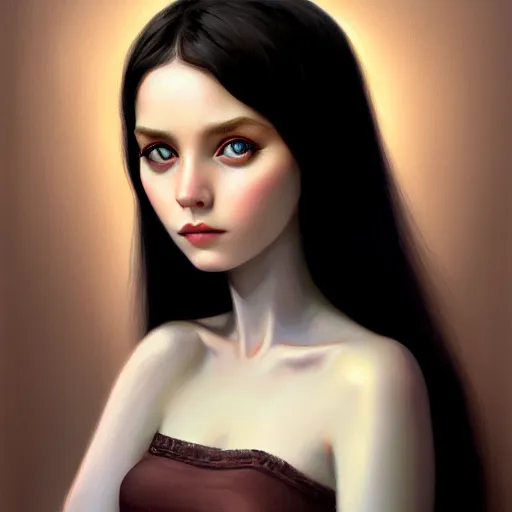 Prompt: a portrait of a beautiful waif girl gothic, bored, illustration, soft lighting, soft details, painting oil on canvas by margaret keane and artgerm, trending on artstation, 4k, 8k, HD