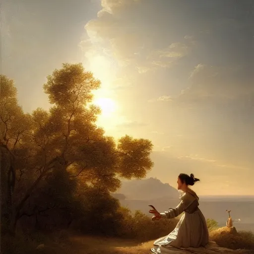 Image similar to a painting of a woman in a white dress pondering life as she watches the sun set, nature, a painting by claude joseph vernet, deviantart, fantasy art, sunrays shine upon it, deviantart, mystical