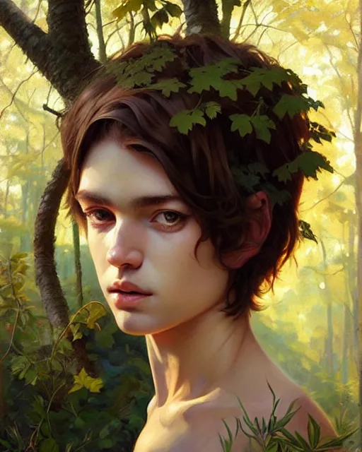 Image similar to stylized portrait of an artistic pose, composition, young faun surrounded by nature, realistic shaded, fine details, realistic shaded lighting poster by ilya kuvshinov, magali villeneuve, artgerm, jeremy lipkin and michael garmash and rob rey