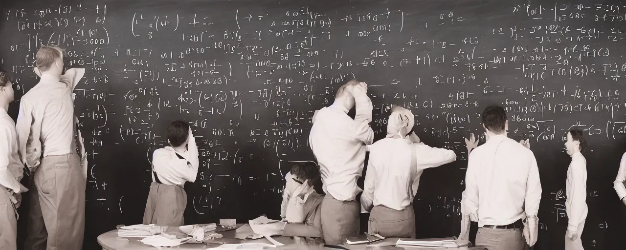 Image similar to mathematicians standing around a chalkboard solving an equation about spaghetti, detailed facial expression, canon 5 0 mm, cinematic lighting, photography, retro, film, kodachrome