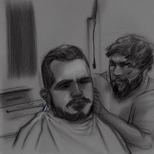 Image similar to a sketch drawing, he's at the barbershop, by gabo mendoza, trending on artstation