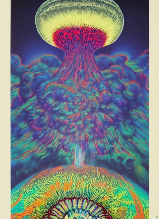 Image similar to 8 0 s new age album cover depicting a nuclear mushroom cloud in the shape of guy fieri, very peaceful mood, oil on canvas by ernst haeckel, by wayne thiebaud, cinestill with red halation