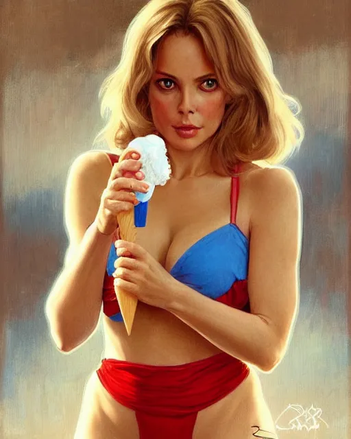 Image similar to portrait of a blonde fuller figured barbara bach from the bond film wearing a red strappy top and blue shorts and eating ice creams in porto, real life skin, intricate, elegant, highly detailed, artstation, concept art, smooth, sharp focus, art by artgerm and greg rutkowski and alphonse mucha