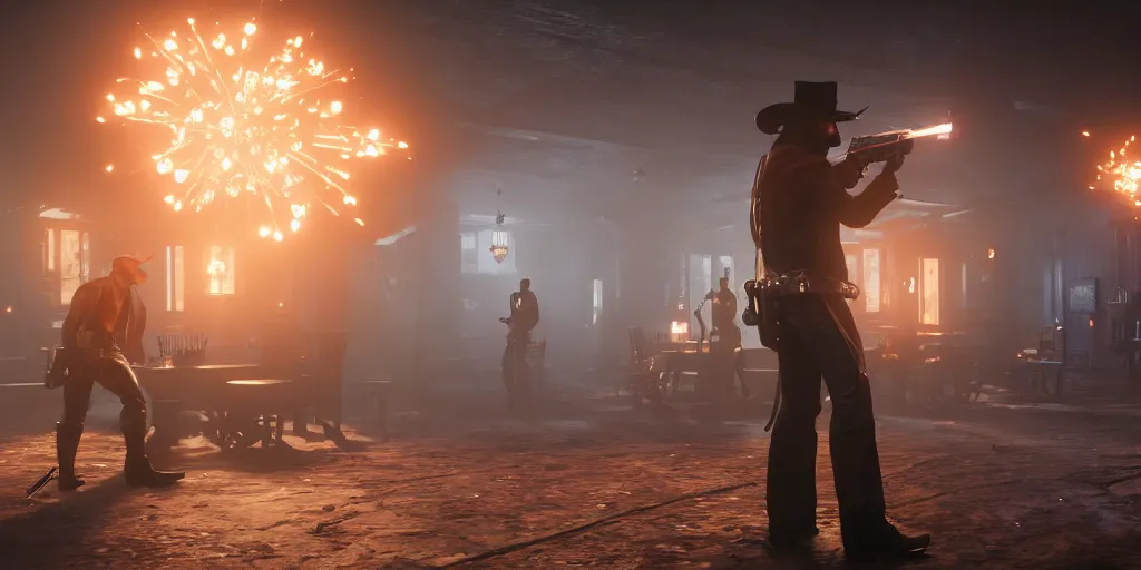 Prompt: a futuristic cowboy firing a glowing revolver to his enemies in a wild western bar, gunpowder and fog everywhere, red dead redemption 2, trending on artstation, digital art, award winning, cinematic lightning, ray tracing, 8k, Highly Detailed