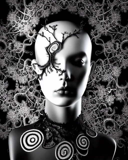 Image similar to surreal dark poetic black and white photo portrait of complex bio-mechanical beautiful young silver female vegetal-cyborg with a Mandelbrot fractal steampunk metal fine lace face, a very long neck and a fine metal floral foliage super big lace collar by Alexander McQueen:: smoke, high fashion, haute couture, rococo, steampunk, silver filigree details, anatomical, facial muscles, cable wires, microchip, elegant, dreamy, foggy atmosphere, hyper realistic, 150 mm lens, soft rim light, octane render, unreal engine, picture was taken in 1910 by Man Ray, volumetric lighting, dramatic light,8k,