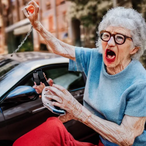 Image similar to elderly woman screaming at a toy car, canon eos r 3, f / 1. 4, iso 2 0 0, 1 / 1 6 0 s, 8 k, raw, unedited, symmetrical balance, wide angle