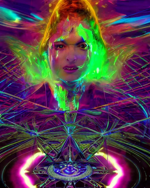 Image similar to a powerful energy psychedelic matrix priestess, by alexander fedosav, hyper detailed digital matte painting, concept art, hyperrealism, 1 6 k resolution, cinema 4 d, 8 k resolution, trending on artstation, behance hd, a masterpiece, by stephan martiniere, particles, cel - shaded, power bright neon energy, by david a. hardy,