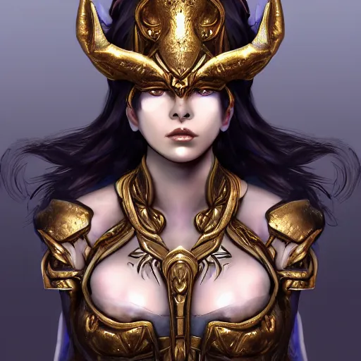 Prompt: A portrait of a beautiful woman demon priestess wearing finely detailed armor forged by the ancient gods unreal engine trending on artstation