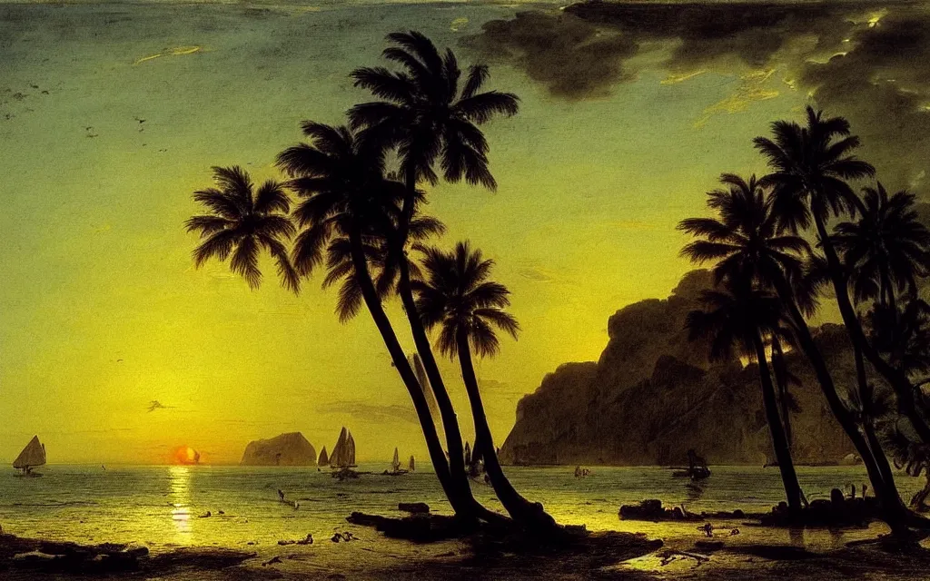 Prompt: a beautiful view of a tropical beach, clear seas, the sun is setting in the background, magical, stunning, art by caspar david friedrich and asher brown durand and peder balke, intricate details, trending on artstationhq