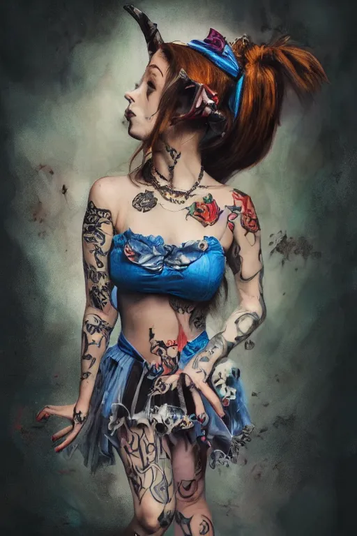 Image similar to Beautiful female, full body, Alice in wonderland, punk rock, piercings, tattoos, skirt, midriff, dramatic lighting, cinematic, establishing shot, extremely high detail, foto realistic, cinematic lighting, post processed, concept art, high details, cinematic, 8k resolution, beautiful detailed, photorealistic, digital painting, artstation, concept art, smooth, sharp focus, artstation trending, octane render, unreal engine